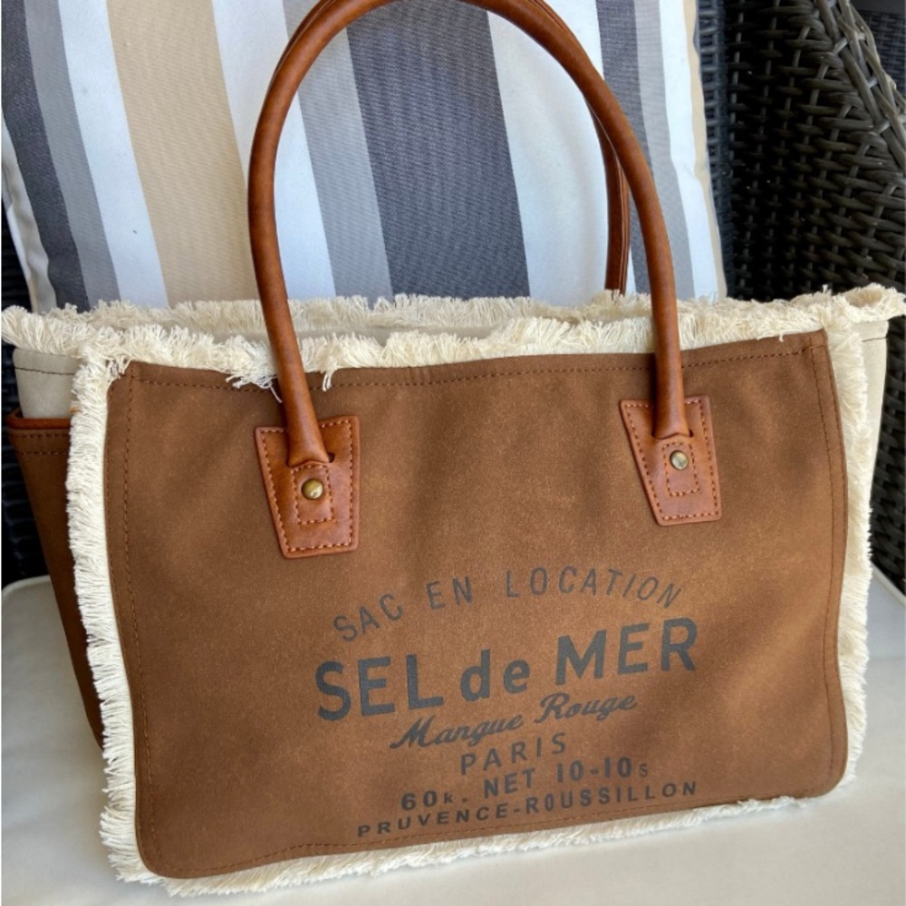 TOTE-NWOT-Cream and Brown Vegan Leather Tote with Vegan Leather Handles